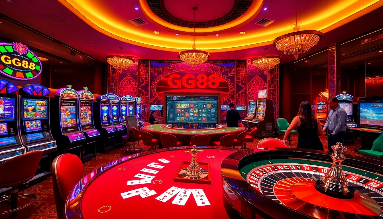 Engage in high-stakes gaming at the luxurious GG88 online casino with vibrant slot machines and roulette.