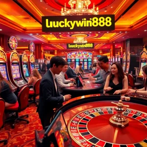 Luckywin888 casino scene with players enjoying roulette and slot machines, showcasing excitement and luxury.