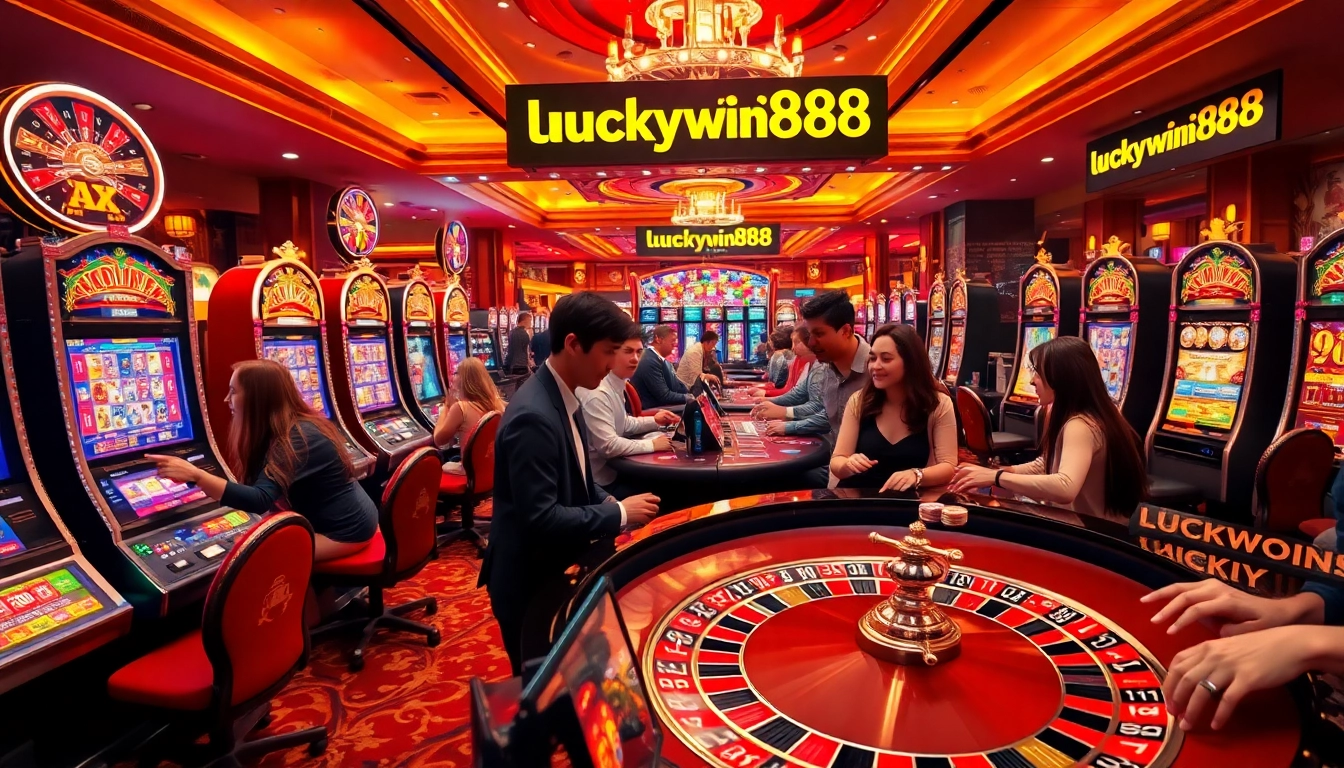 Luckywin888 casino scene with players enjoying roulette and slot machines, showcasing excitement and luxury.