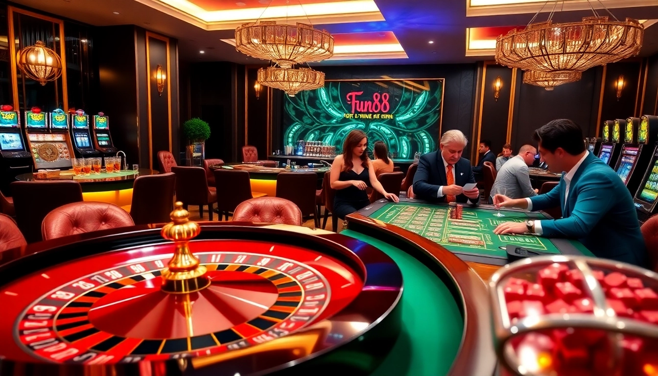 Players enjoying an exciting game at Fun88 casino with roulette and blackjack tables.