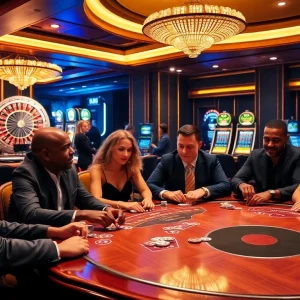 Players engaging in a high-stakes poker game at 32win's luxurious casino, showcasing excitement and professionalism.