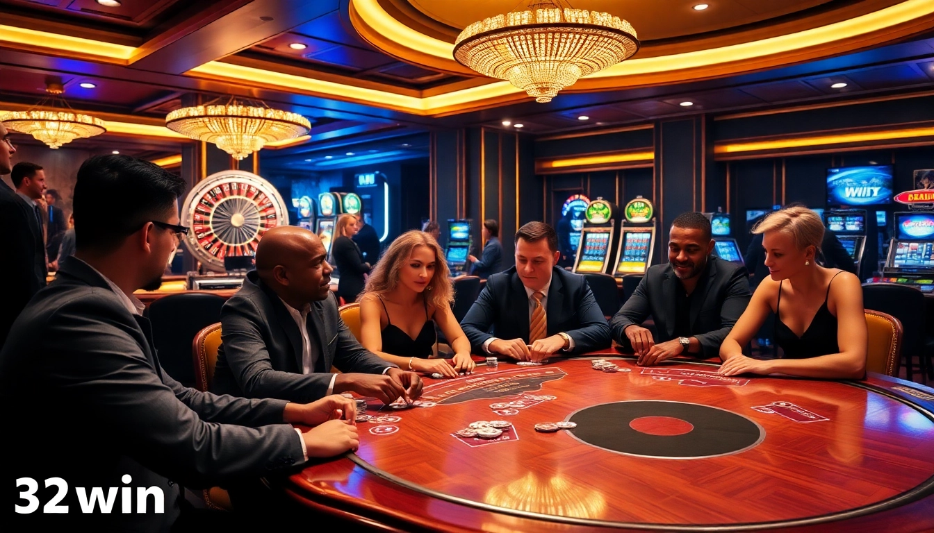 Players engaging in a high-stakes poker game at 32win's luxurious casino, showcasing excitement and professionalism.
