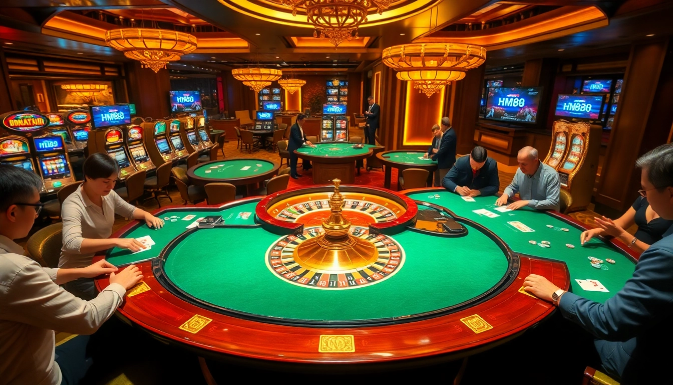 Engage with the exciting hm88 casino atmosphere featuring a roulette wheel and poker tables.