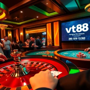 Engaging scene of bettors excitedly placing chips at a vt88 roulette table in a luxurious casino setting.