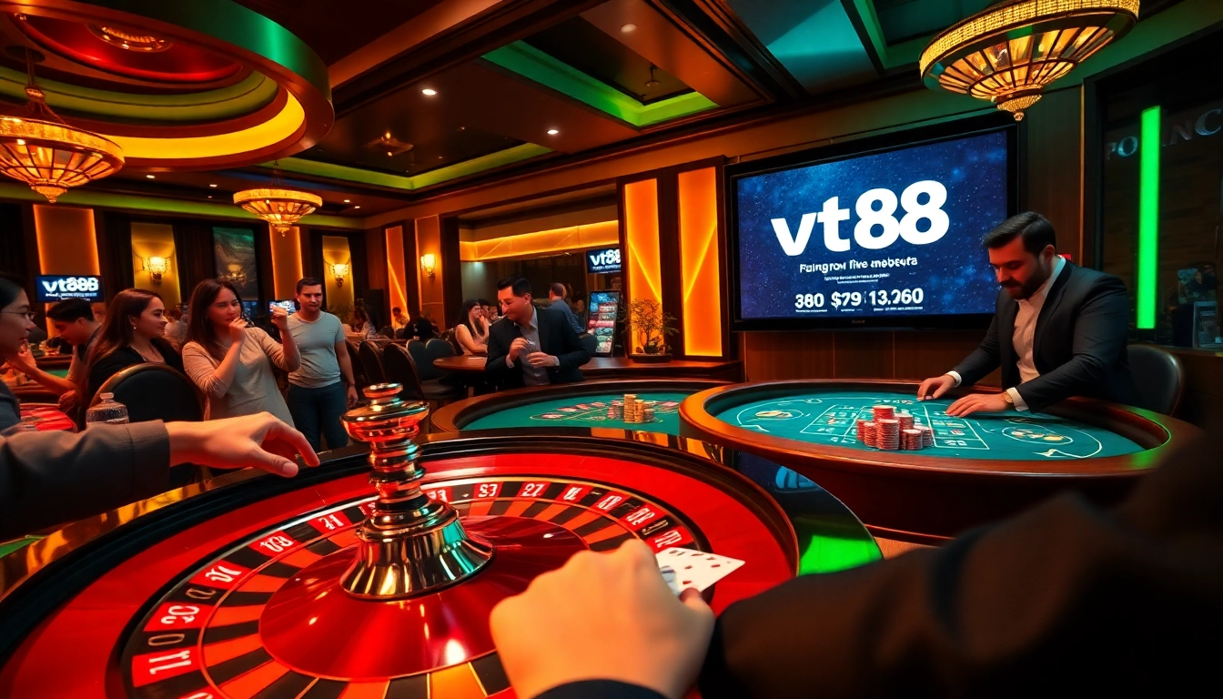 Engaging scene of bettors excitedly placing chips at a vt88 roulette table in a luxurious casino setting.