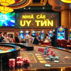 Engaging scene of casino players enjoying games at Nhà Cái Uy Tín with colorful chips and cards.