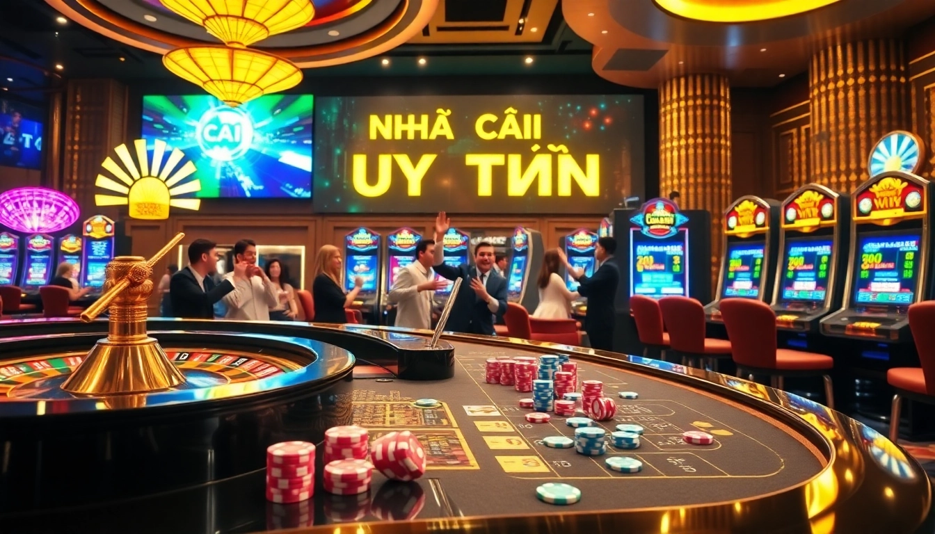 Engaging scene of casino players enjoying games at Nhà Cái Uy Tín with colorful chips and cards.