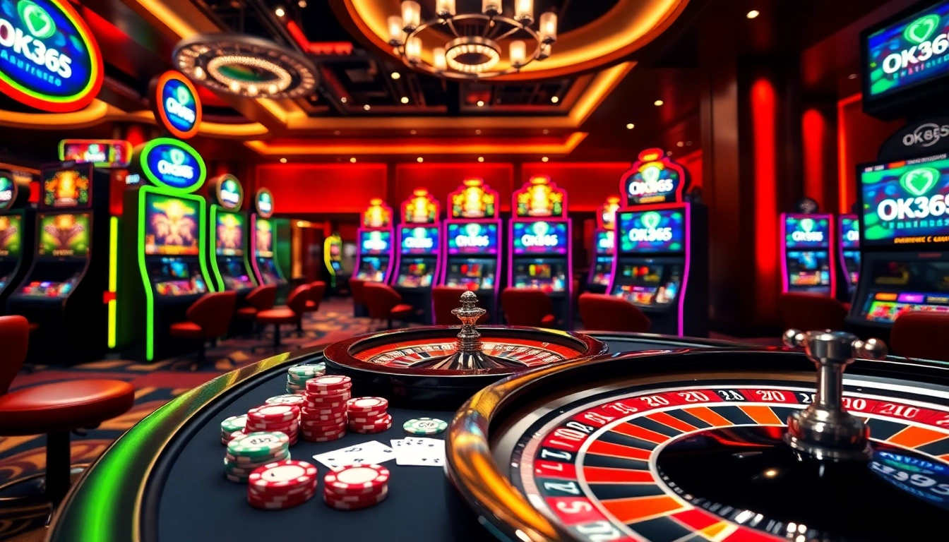 Experience the excitement of OK365 with vibrant casino games, luxurious poker chips, and interactive betting options.