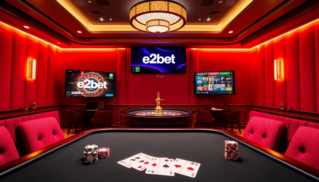 Players engage in thrilling games at e2bet's luxurious online casino with vibrant tables and poker chips.