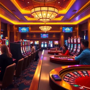 Players enjoying various games at 11UU casino with vibrant slots and illuminated tables.