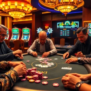 Engage in an exciting game bài session at a luxurious casino table with chips and cards.