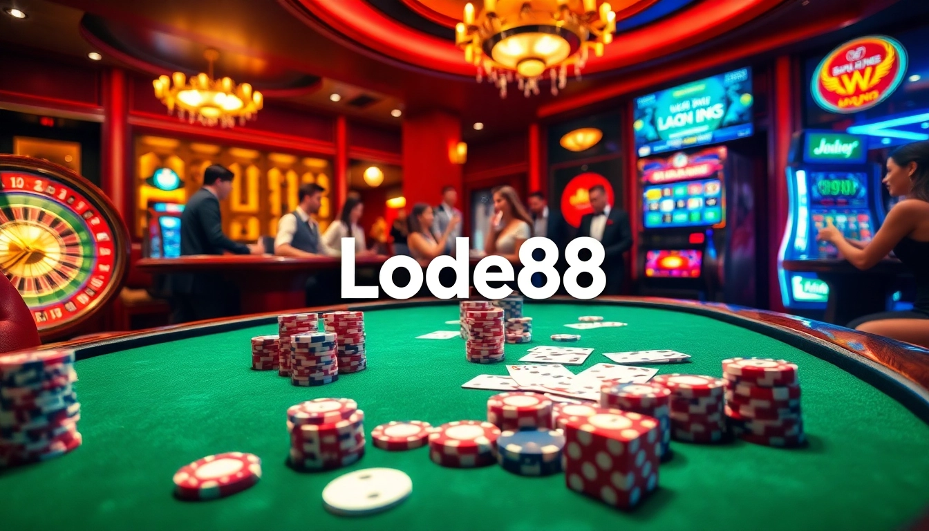 Engage with thrilling casino experiences at https://lode88uk.com/, showcasing vibrant gambling elements like poker chips and cards.
