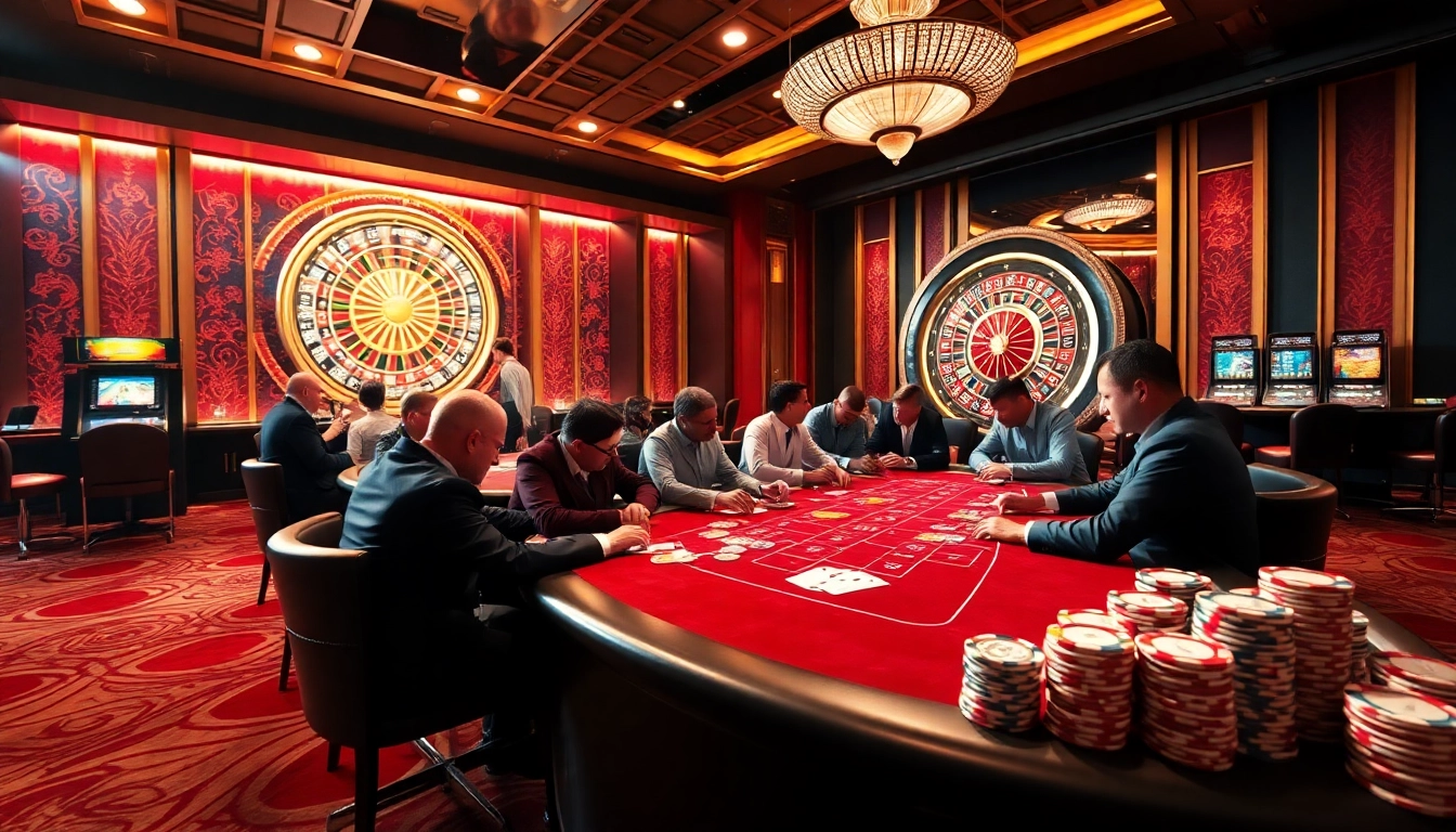 Engaging scene of a casino with poker players, roulette, and vibrant colors associated with vin777 ws.