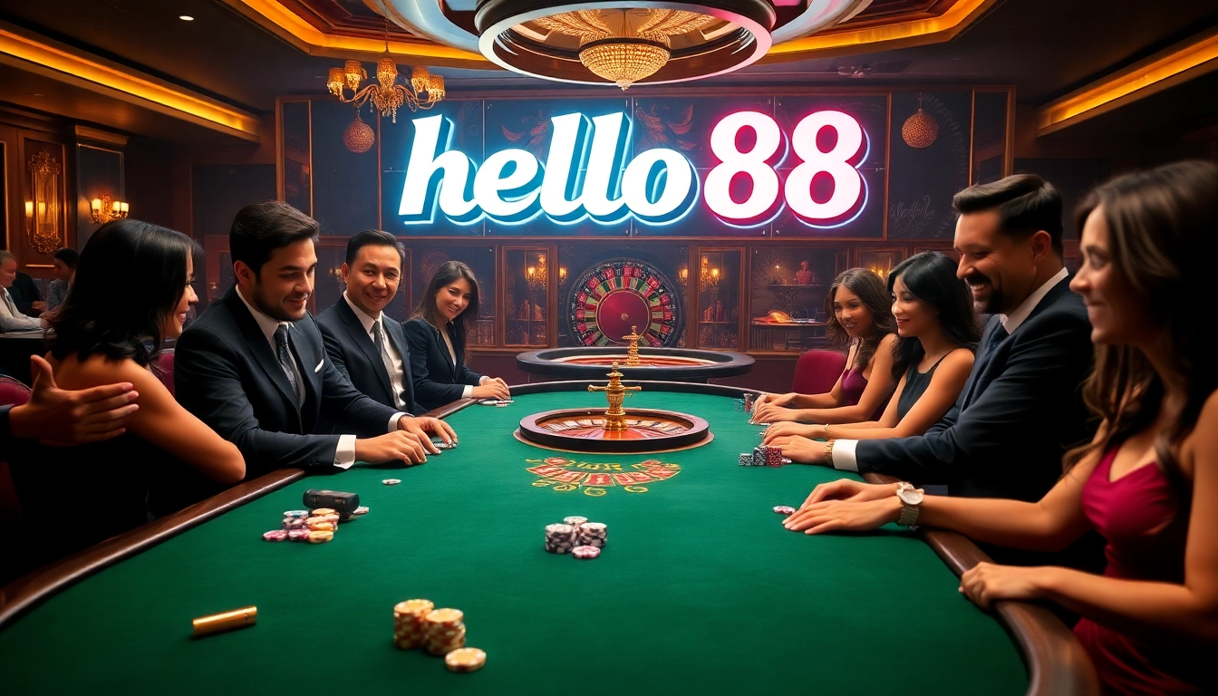 Experience the thrill of hello88 at a luxurious casino with vibrant tables and eager players.