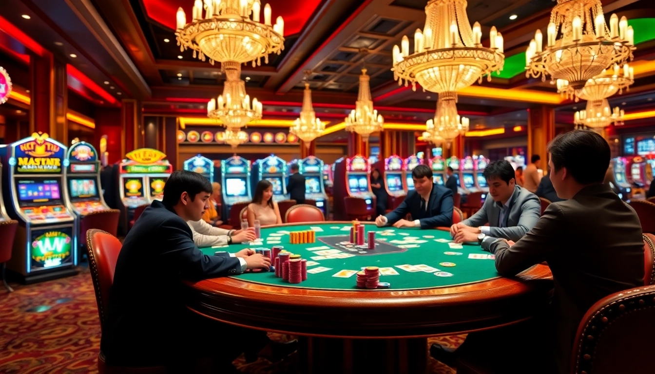 Engaging scene of luxurious casino gaming and the excitement of game bài đổi thưởng with poker tables.