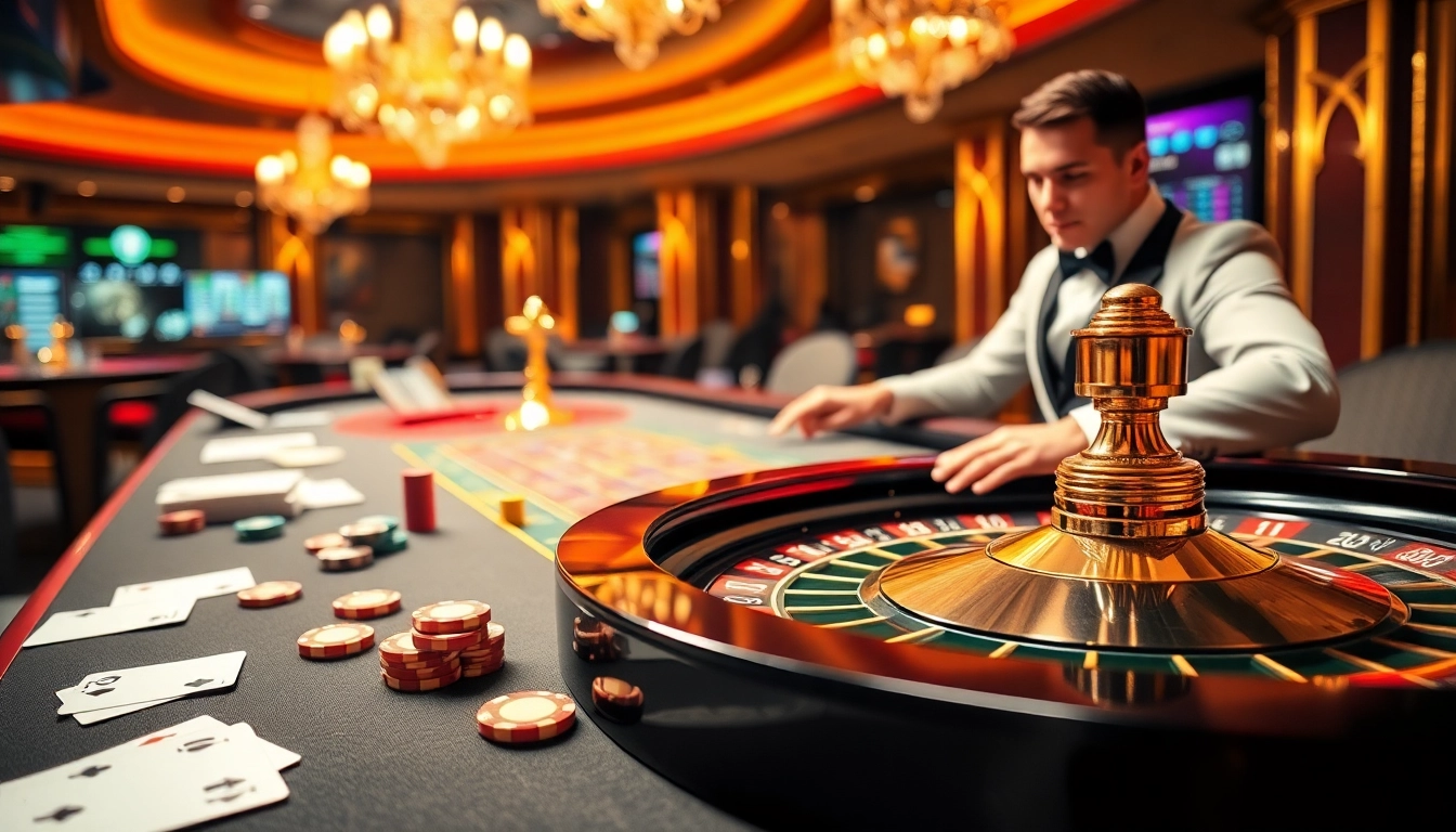 Kèo bóng đá betting at an elegant casino with a dealer, chips, and digital interface.