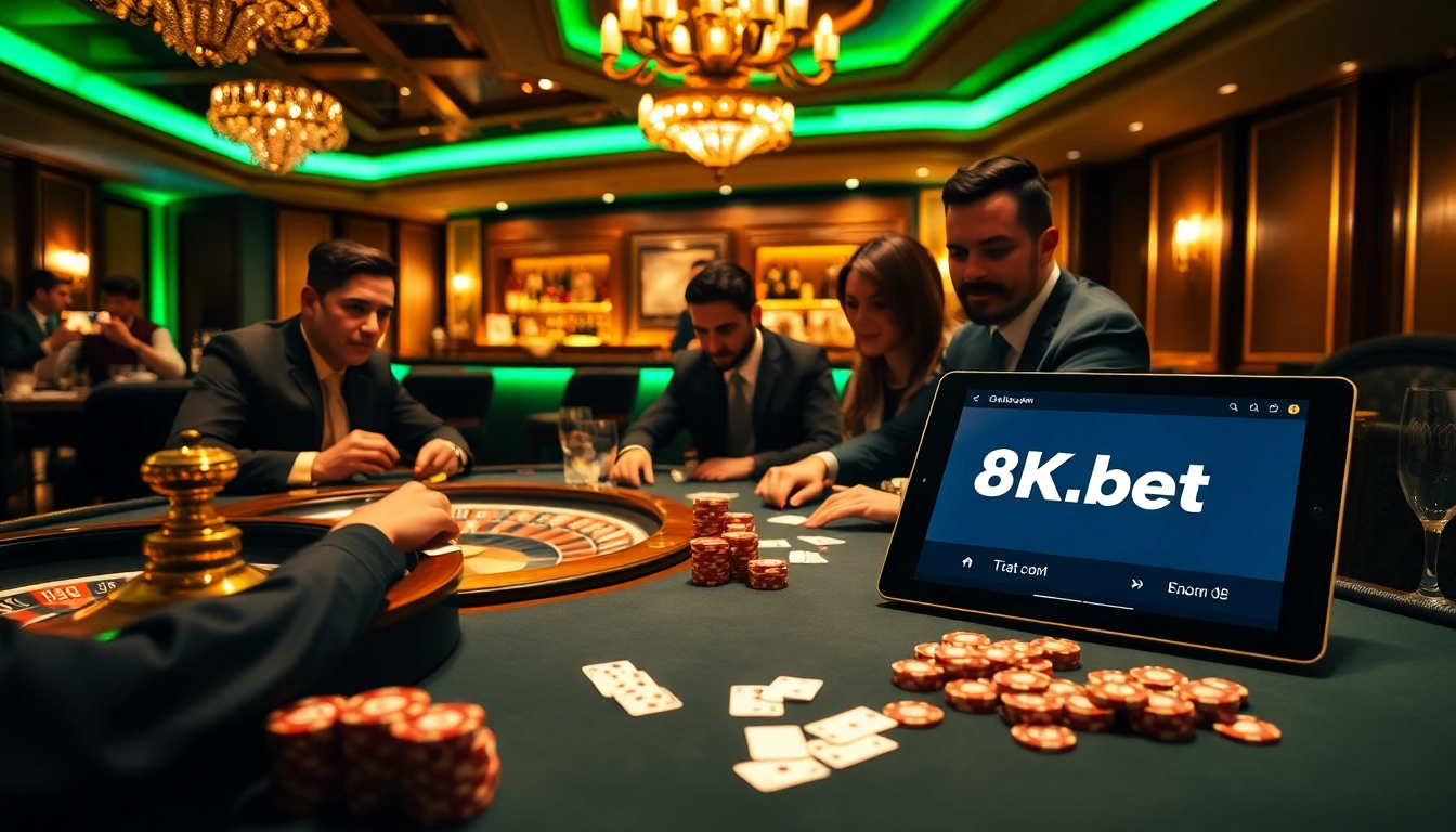 Players enjoying a thrilling game at the 8kbet.com poker table, surrounded by luxurious casino ambiance.