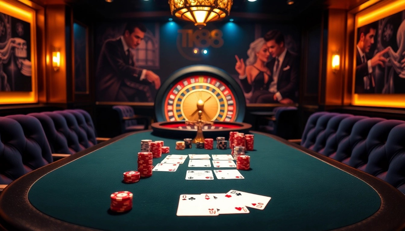 TK88-themed poker table with vibrant chips and cards, showcasing an elegant casino atmosphere.