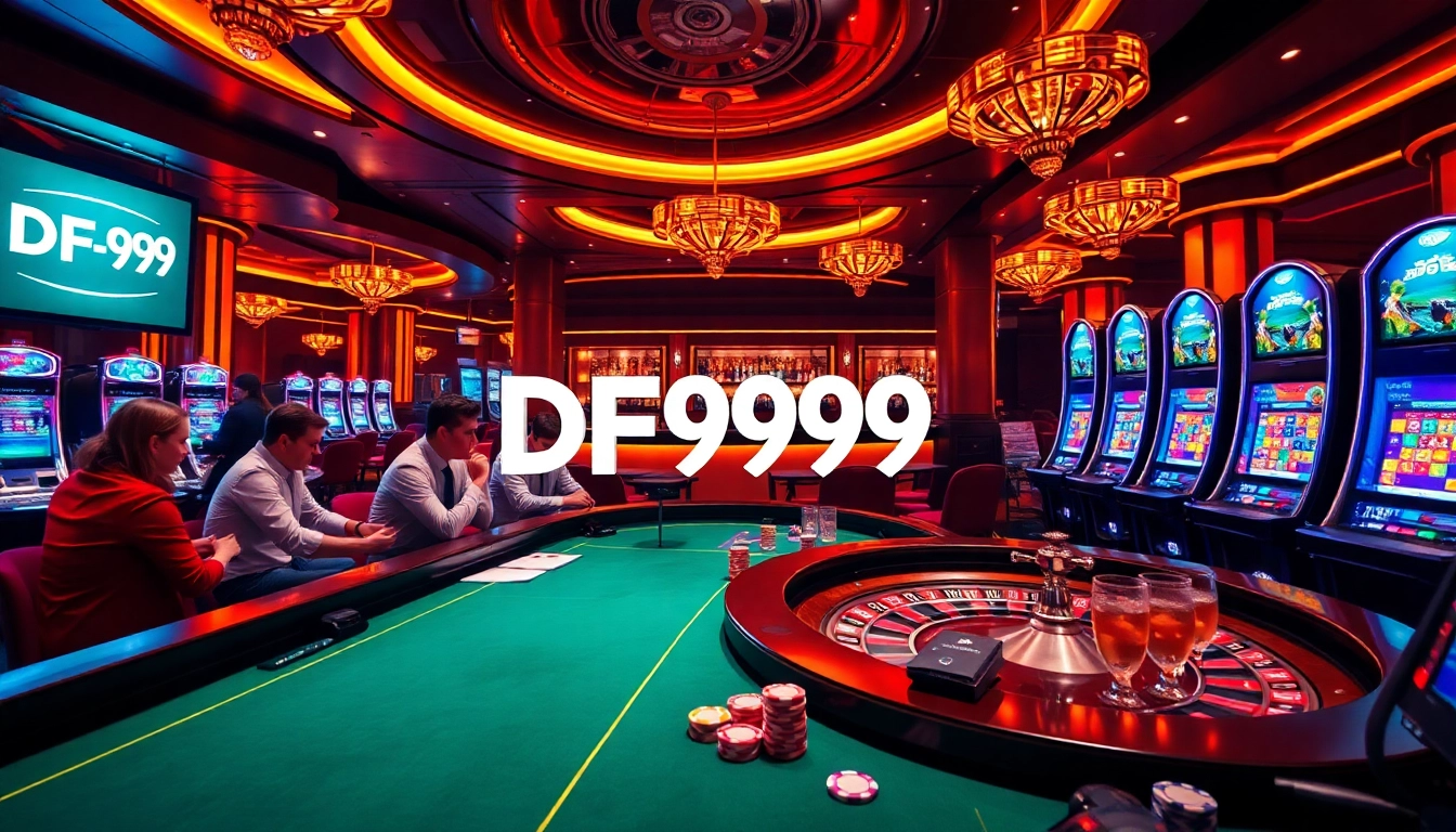 Engage in thrilling games at DF999 casino with vibrant chips, cards, and roulette excitement.