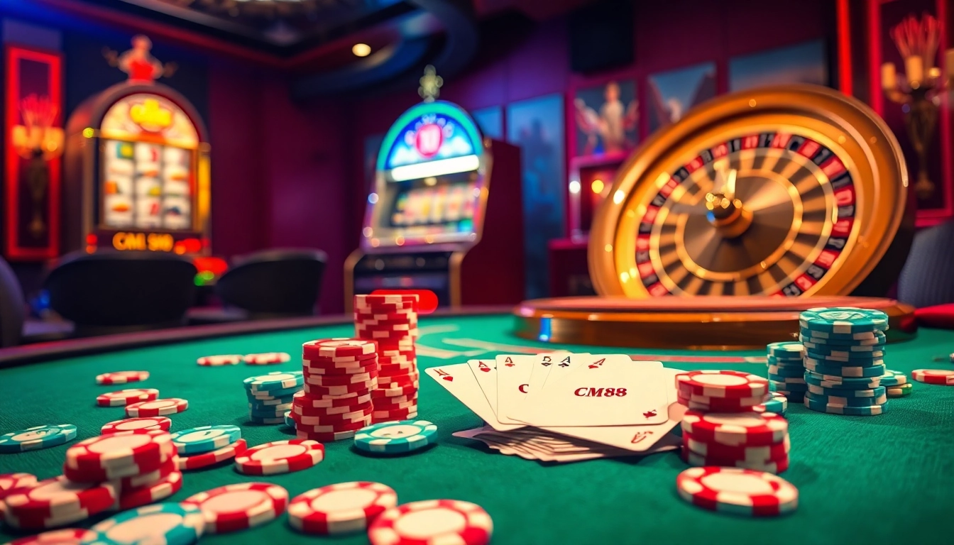Experience thrilling gameplay at CM88 casino with vibrant poker chips and a glowing roulette wheel.