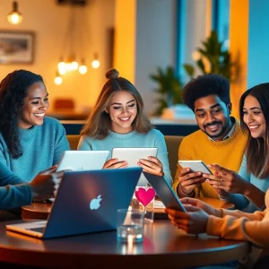 A diverse group enjoying online dating connections at https://okfun.uk.net/ in a cozy café.