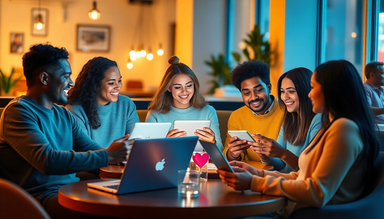 A diverse group enjoying online dating connections at https://okfun.uk.net/ in a cozy café.