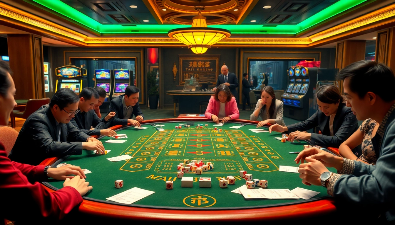Tài xỉu MD5 game table with vibrant players engaging in betting actions, showcasing excitement and luxury.