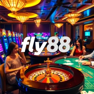 Experience the excitement of fly88 with players at a vibrant casino table surrounded by games.