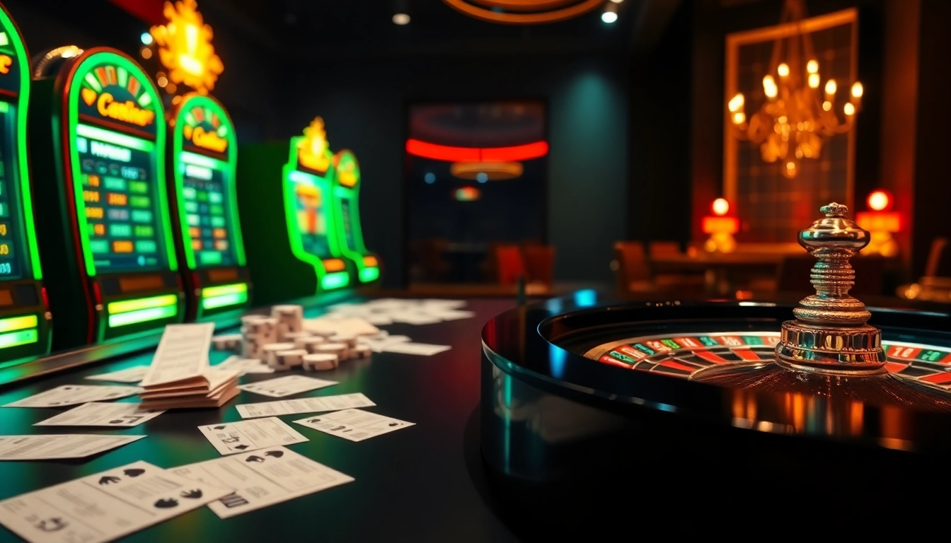 Experience the thrill of gaming at https://em777.live/ with vibrant casino visuals featuring slot machines and roulette wheels.