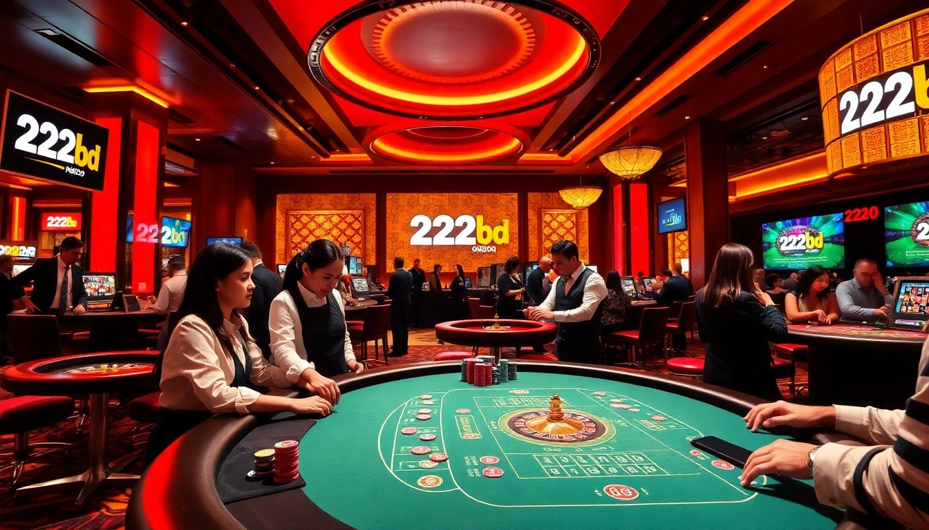 Engaging players at the poker table in a vibrant casino scene, highlighting 222bd gaming experience.