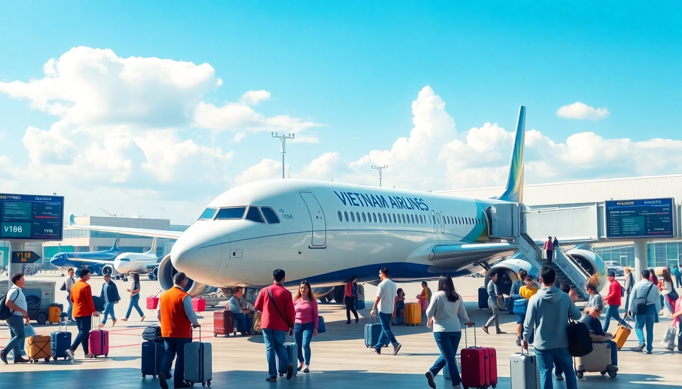 Vietnam Airlines VN168 preparing for departure amidst a bustling airport scene.