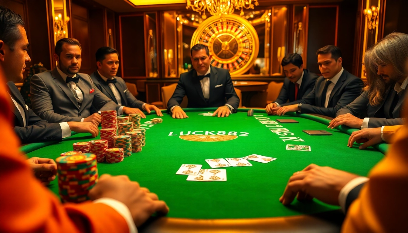 Players engaged in an intense poker game at LUCK8882 casino, showcasing vibrant chips and high-end cards.