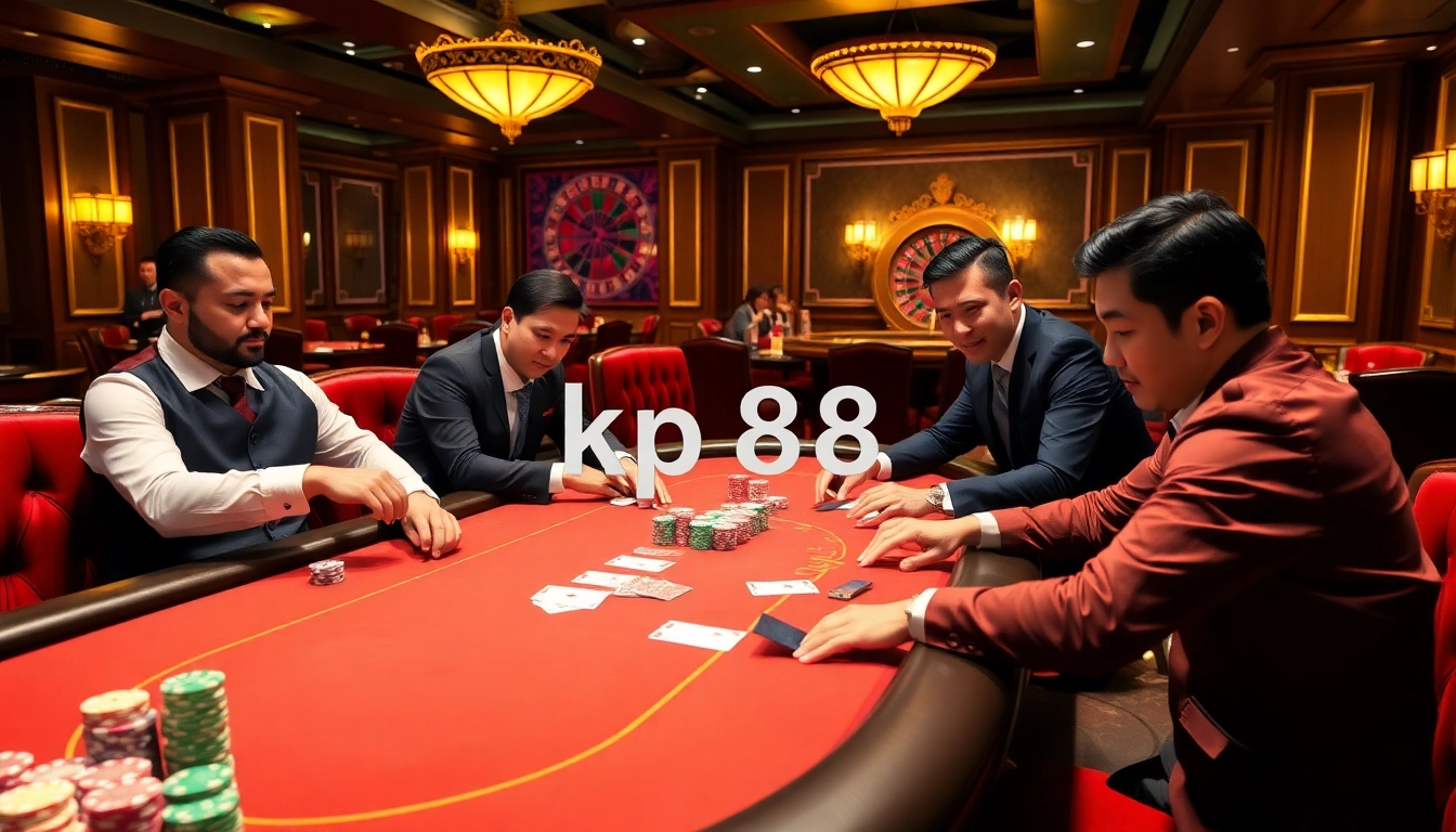 Gamblers at a vibrant poker table featuring kp88 chips and cards, creating an exciting casino atmosphere.
