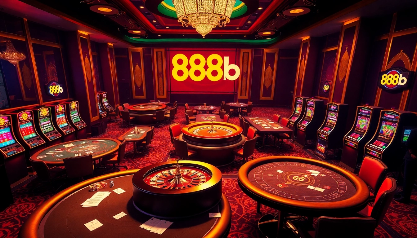 Engaged players enjoying diverse games at 888b's vibrant casino atmosphere with poker tables and roulette.
