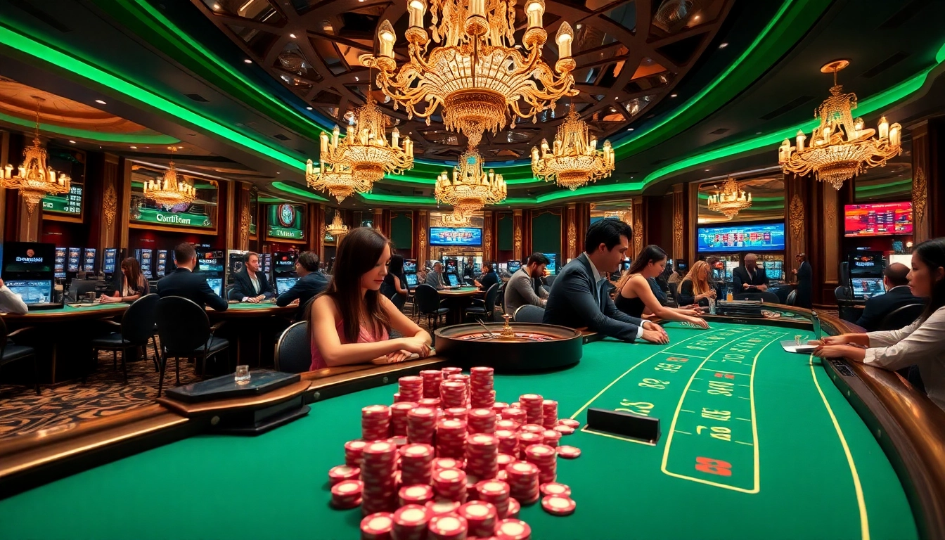 Experience the excitement of 98win with a vibrant casino scene filled with players and games.