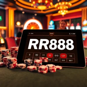 RR88 players engaging at a luxury casino table with vibrant poker chips and cards.