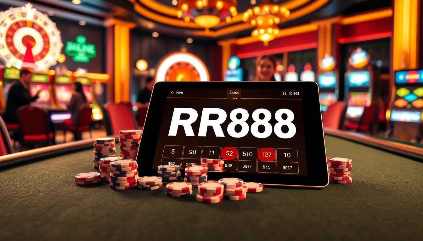 RR88 players engaging at a luxury casino table with vibrant poker chips and cards.