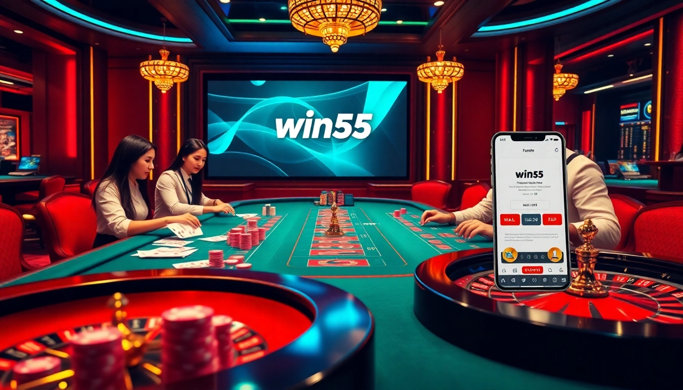 Experience the excitement of gaming with the win55 app interface amidst vibrant casino elements.