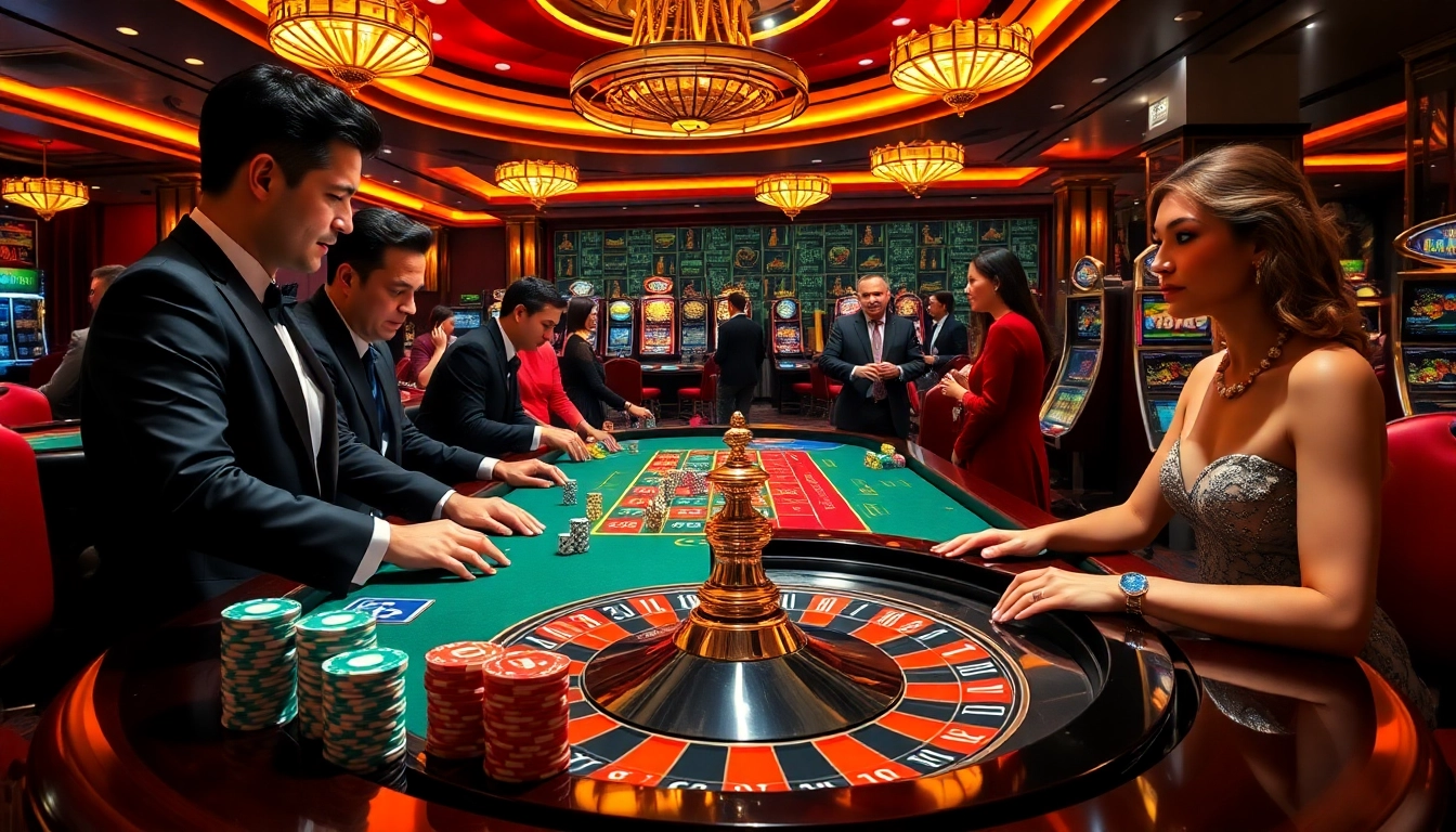 Experience the excitement of FB88 with high-stakes poker and roulette action in a luxurious casino setting.