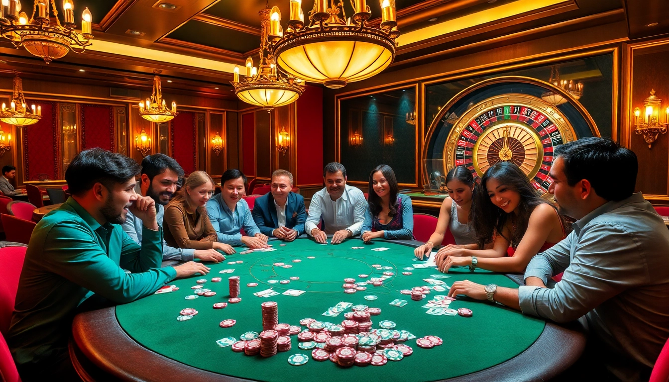 Players enjoy an exciting poker game at bet168, surrounded by vibrant chips and cards in a luxurious casino.