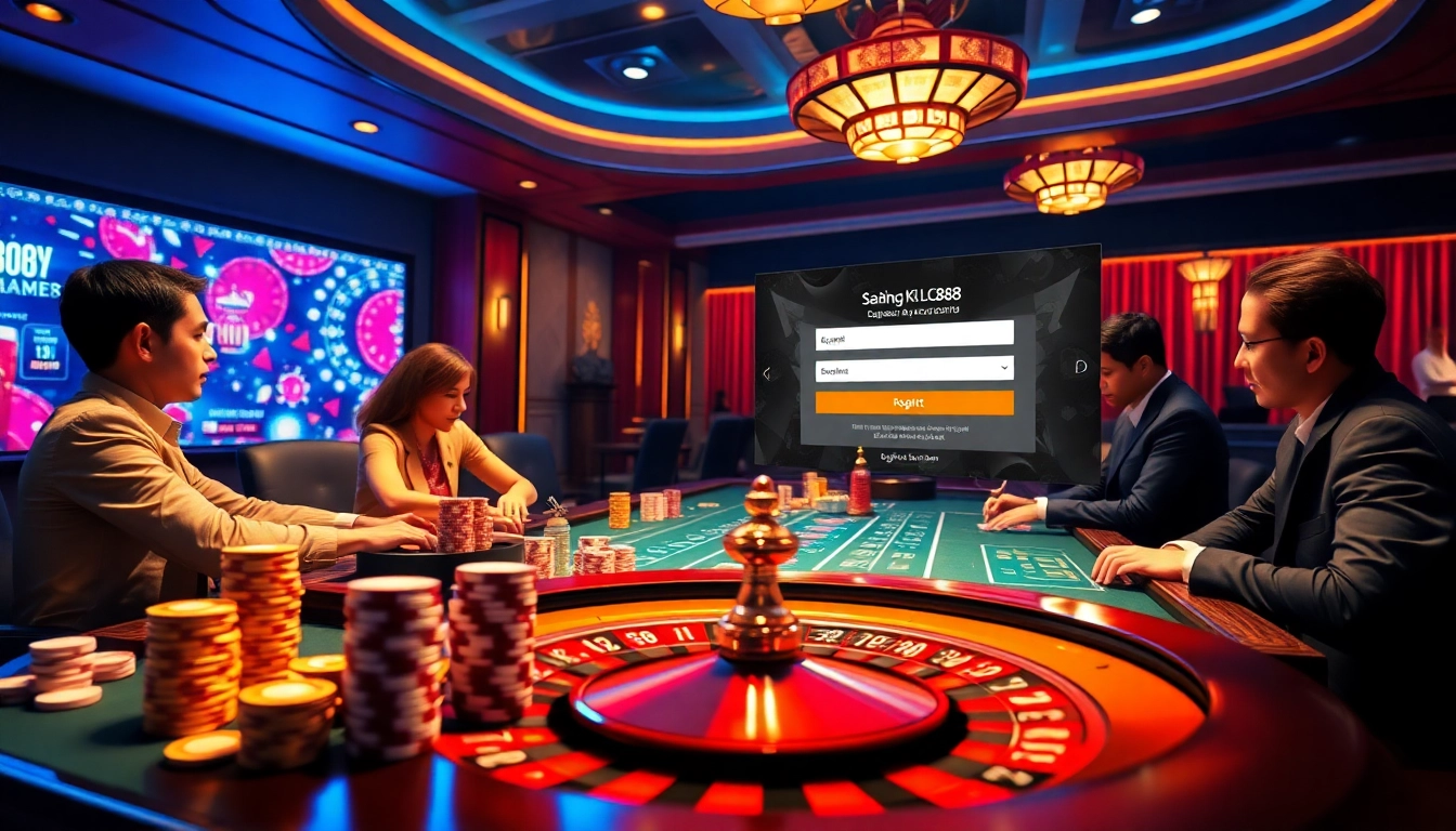 Experience the thrill of Đăng Ký LC88 at an engaging online gambling table with lively poker chips and a roulette wheel.