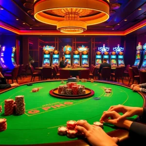 Engaging casino scene highlighting Giới Thiệu S8 with poker action and vibrant slot machines for an exciting gaming experience.