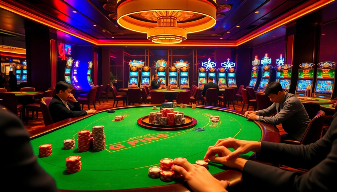 Engaging casino scene highlighting Giới Thiệu S8 with poker action and vibrant slot machines for an exciting gaming experience.
