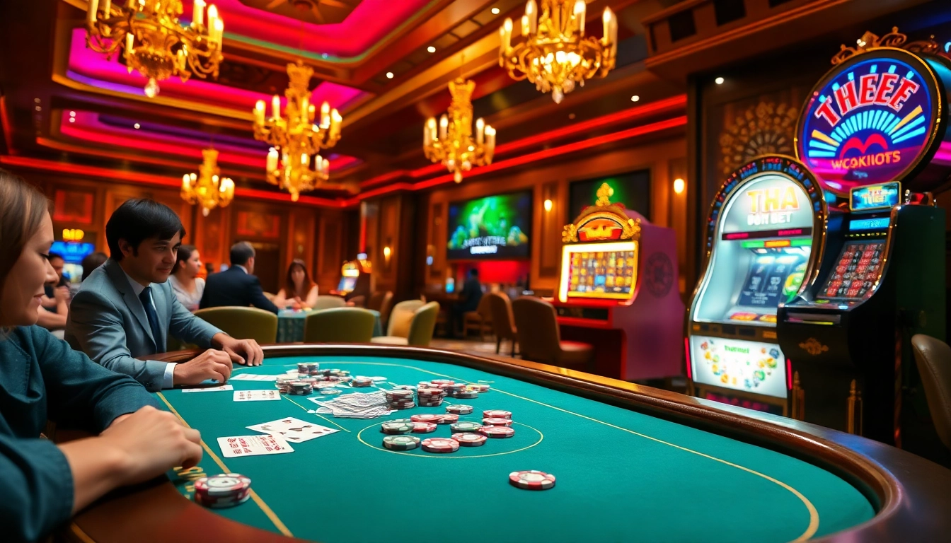 THA BET players engaging in a thrilling poker game at a luxury casino, showcasing vibrant gambling elements.