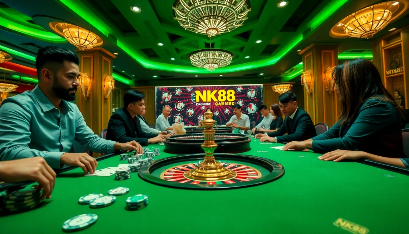 Players enjoying an NK88-themed casino experience with vibrant tables and dynamic gameplay.