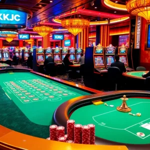 KJC branded casino scene with professional gamers at tables, slot machines, and vibrant atmosphere.