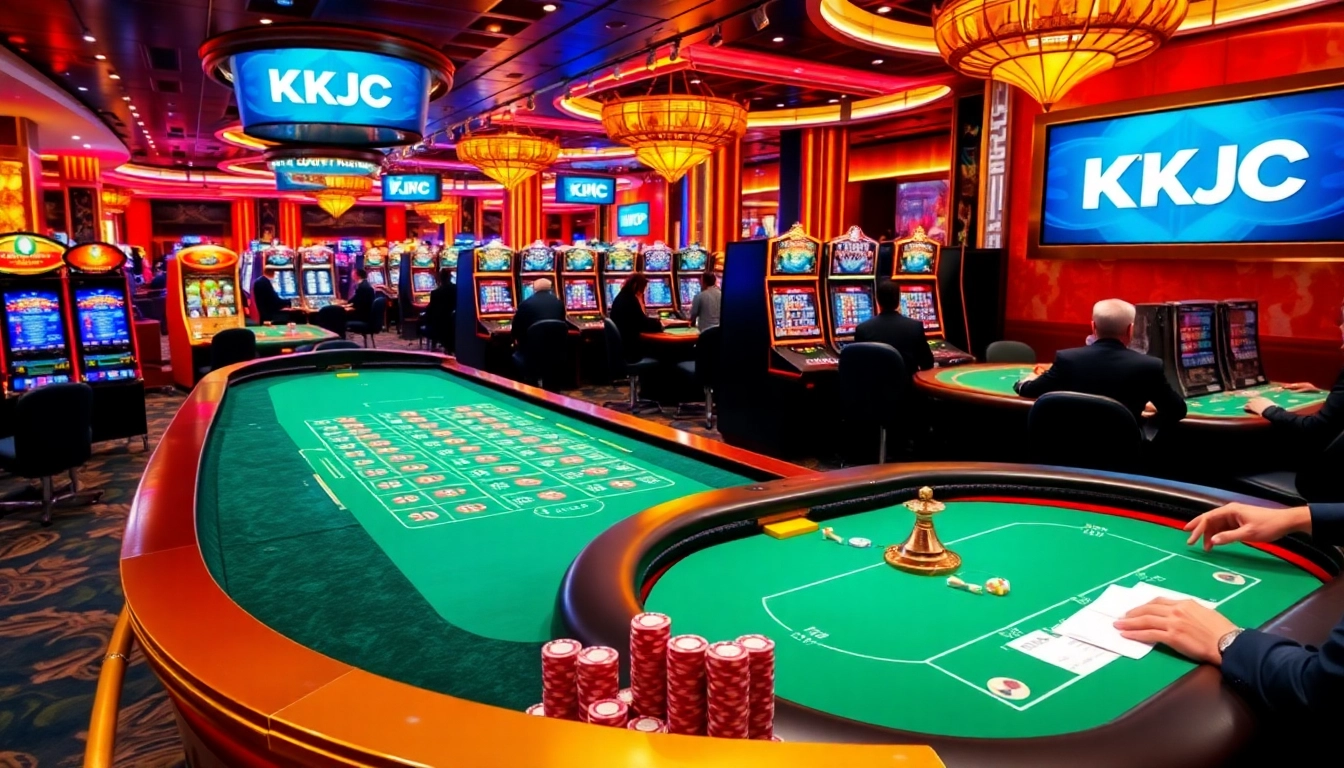 KJC branded casino scene with professional gamers at tables, slot machines, and vibrant atmosphere.