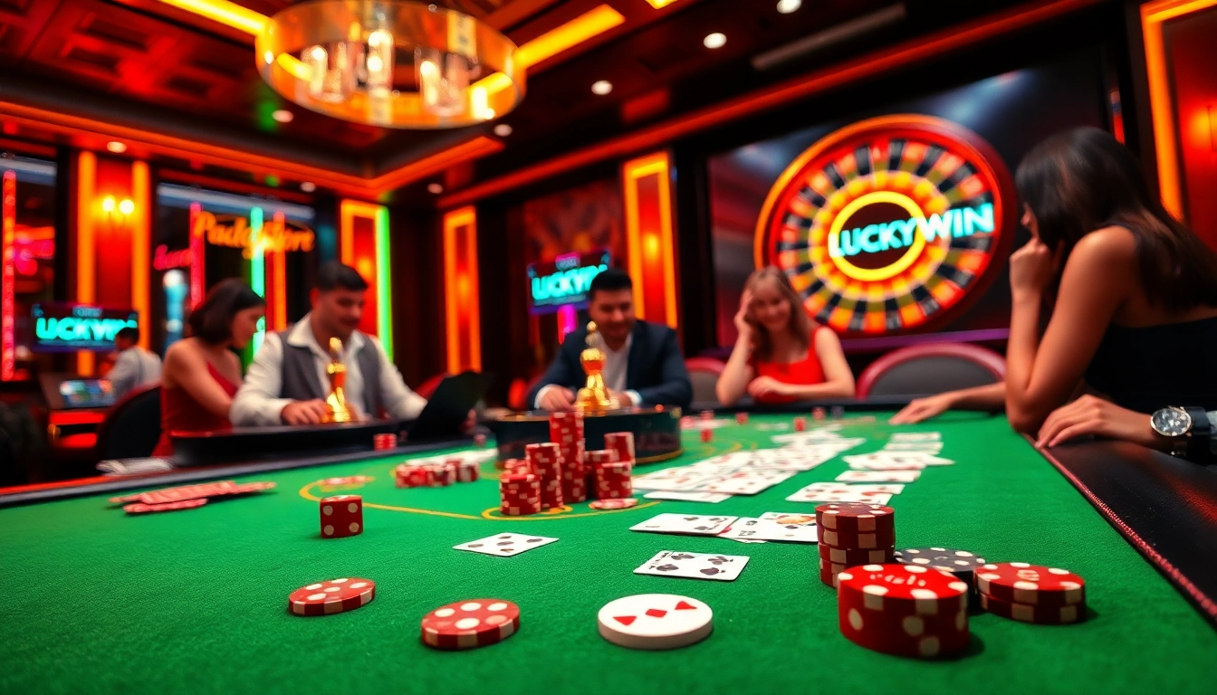 Exciting casino gaming scene featuring LUCKYWIN branding and players at a poker table.