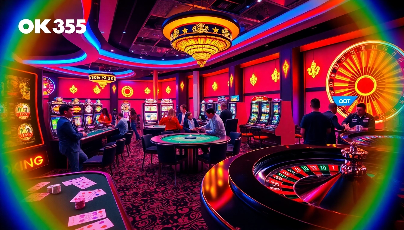 Exciting players enjoying games at OK365's modern online casino full of vibrant colors and luxury.