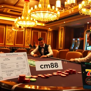 Engage with cm88 in a luxurious casino setting, showcasing a dynamic poker table and vibrant betting elements.